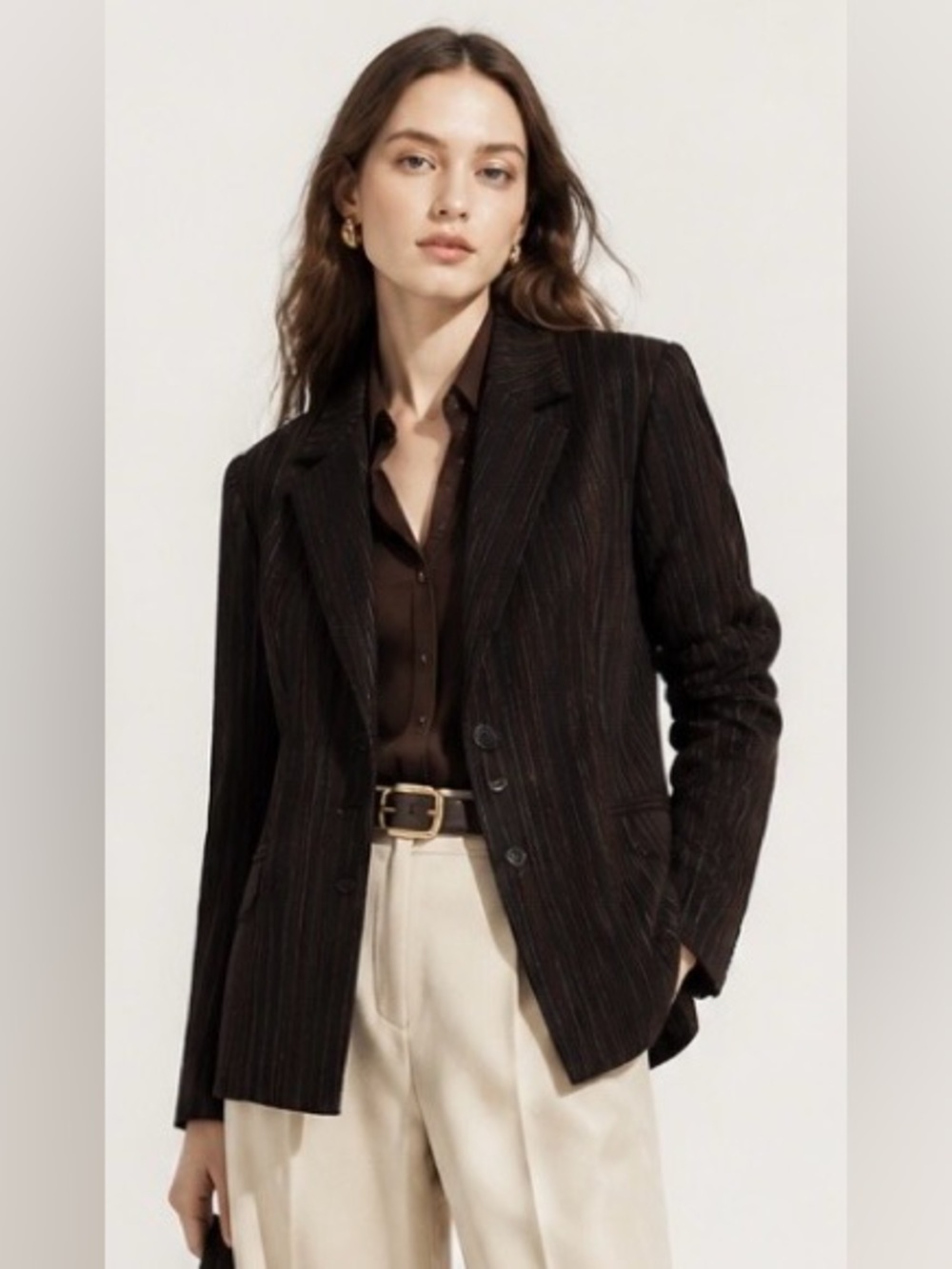 DONCASTER Italy Blazer Brown Jacket Career Striped Textured Split Collar